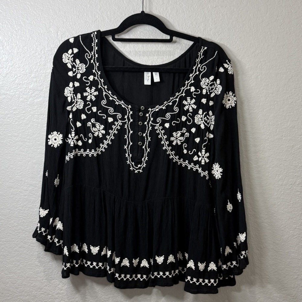 Meadow Rue Anthropologie Peasant Top Embroidered Black White Boho Sz Large